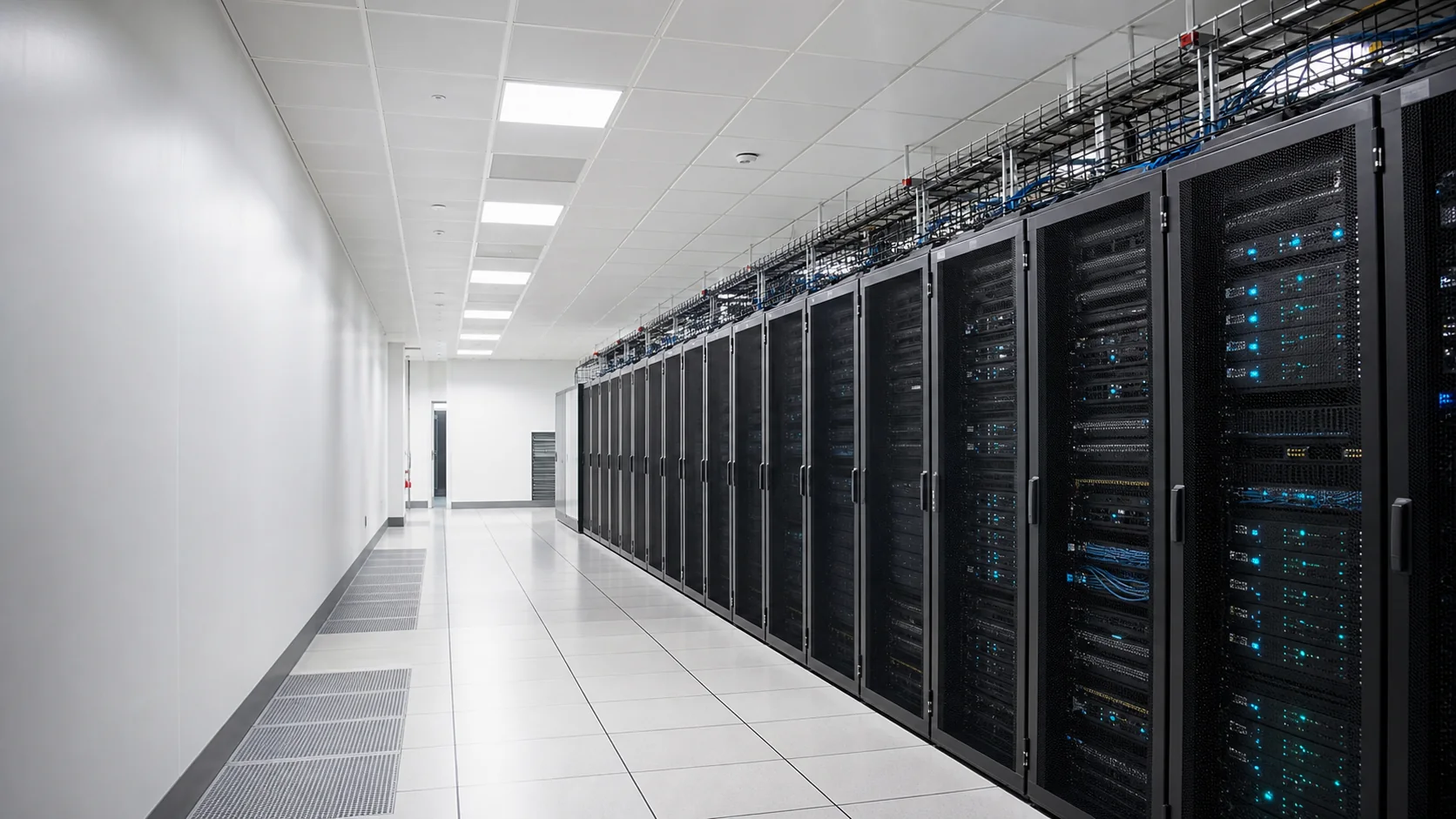 Corredor claro de datacenter com racks de servidores